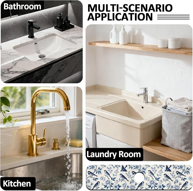 2 Pcs Blue Flowers and Birds Kitchen Sink Splash Guard Faucet Mat | Faucet Mat - Image 7