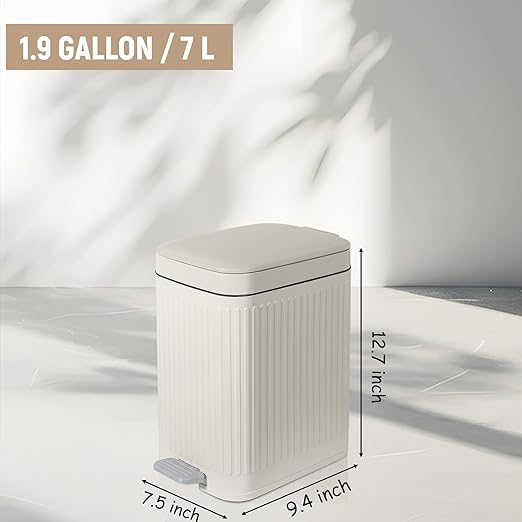 Small Bathroom Trash Can with Lid, 1.9 Gallon Slim Soft Close Step, Cream | - Image 7