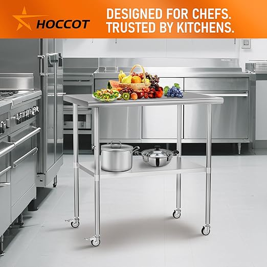 Stainless Steel Table with Wheels 30" x 36" Utility Worktable with Adjustable Undershelf for Commercial Kitchen, Garage, Restaurant