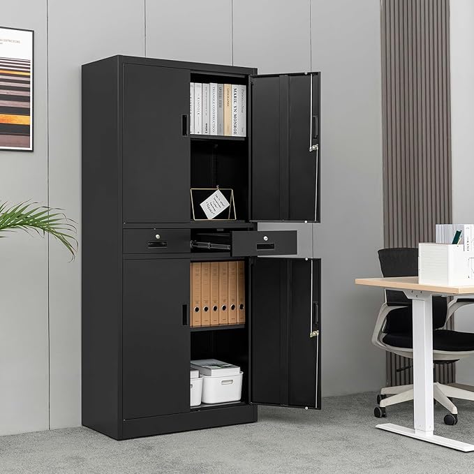 BESFUR Metal Storage Cabinet with 2 Drawers and Adjustable Shelves, 71" H Locking Storage Cabinet for Office, Garage, Home, School, Utility -Black