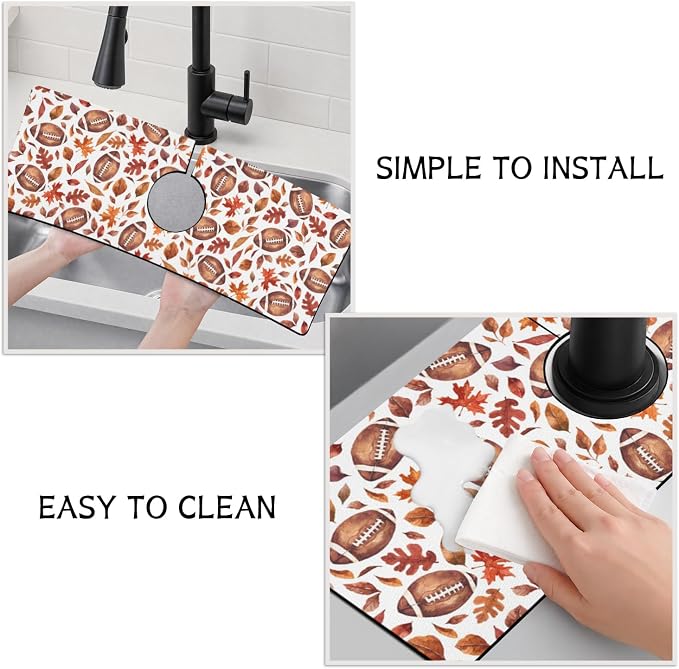 Fall Kitchen Sink Splash Guard Faucet Mat, Football Maple Leaf Autumn - Image 4