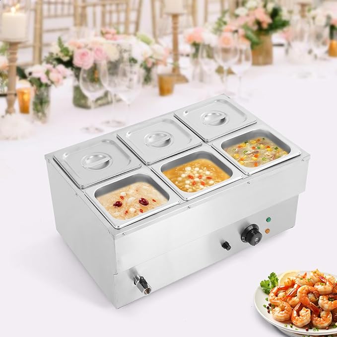 Commercial Food Warmer Stainless Steel Bain Marie Buffet Food Warmer Steam Table Electric Countertop Steam Table Container with 86-185°F Temp Control for Catering Restaurants (6 Pans)