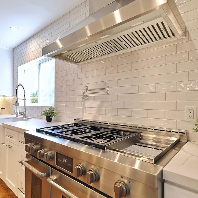 Akicon Range Hood Insert 54 Inch, 1200 CFM Built-in Kitchen Hood with 4 Speeds, Ultra-Quiet Stainless Steel Ducted Vent Hood Insert with Dimmable LED Lights and Dishwasher Safe Filters (Warm White)