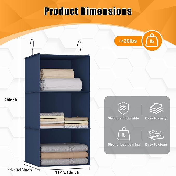 Hanging Closet Organizer 3-Shelf, Oxford Fabric Wardrobe Storage, shoes & - Image 3