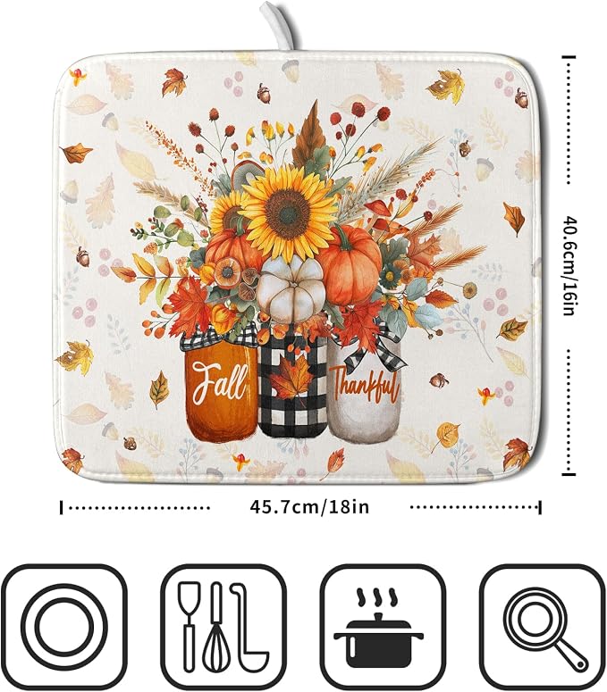 Autumn Pumpkin Dish Drying Mat 16x18 Inch Sunflower Flower Vase Washable - Image 2