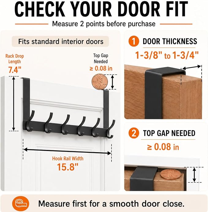 Peasulin Over The Door Hooks, 1 Pack Black Door Hanger Rack | - Image 2
