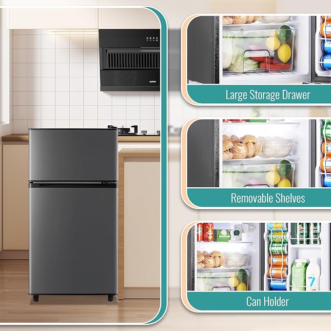 WANAI 3.5 Cu.Ft Mini Fridge with Freezer, Compact Refrigerator for Office, Dorm, Apartment, 7-Level Adjustable Thermostat, 2 Removable Shelves and Bakset, Small Fridge in Dark Gray