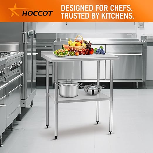 HOCCOT Stainless Steel Table 24" x 30" with Adjustable Undershelf and Backsplash, Commercial Metal Workstations for Kitchen, Garage, Outdoor BBQ