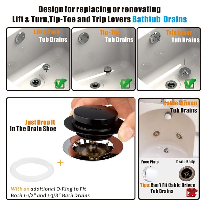 Universal Tip Toe Bath Drain Stopper and Cover, Bathtub Drain Stopper, Replaces - Image 2