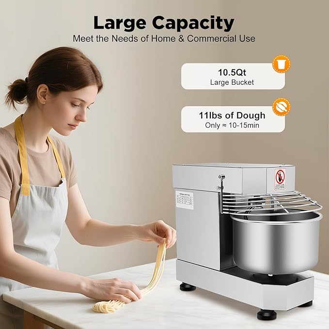 Commercial Food Mixer, 750W Dough Kneading Machine with Food-grade Stainless Steel Bowl, 10.5Qt Capacity, 100/200r/min, Dough Mixer Machine for Restaurant Bakeries Pizzeria