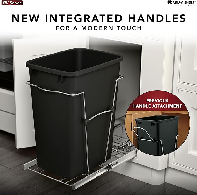 Rev-A-Shelf RV-18KD-13C-S Double Pullout Trash Can for Kitchen Cabinets 35 Quart Garbage Recycling Bin on Full Extension Slides, Gray