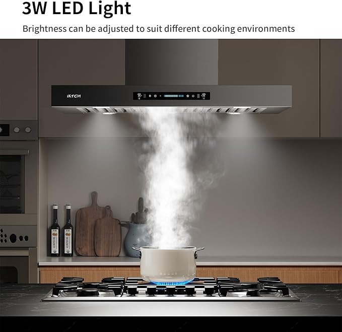 IKTCH Upgrated 42 inch Island Mount Range Hood, 900 CFM Ducted Range Hood with 4 Speed Fan, Stainless Steel with Gesture Sensing & Touch Control Making life Smarter IKIS02-42