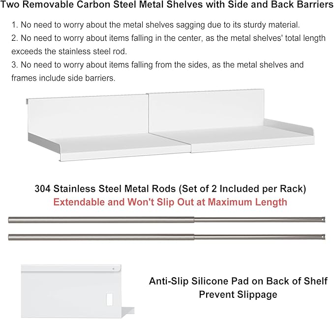 Expandable Under Cabinet Shelf Organizer with 0.94-Inch Thick Clips, Heavy Duty Extendable Under Shelf Storage Basket for Pantry or Laundry Room, White, 2 Pack, Interior: 5.7" H x 7.2" D