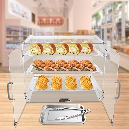 Pastry Display Case, 3 Tier Commercial Acrylic Display Cabinet, Countertop Dust Proof Bread Storage Case, Large Bakery Storage Box for Bakery, Coffee Shop, Snack Shop, Convenience Store