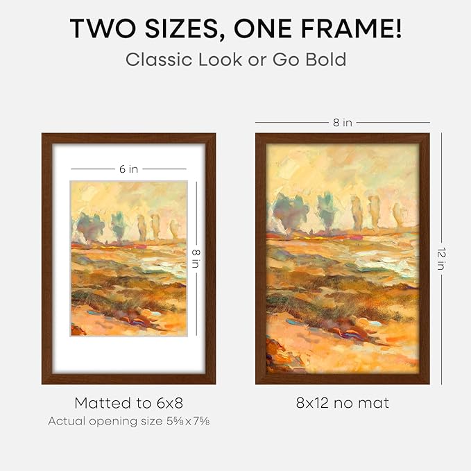 Homeforia 12x8 Picture Frame Brown, High End Dark Oak 8x12 Walnut Wooden Frames with Mat 6x8 Photo, 8 x 12 Wood Frame Matted to 6 by 8 Print, Wall or Tabletop Frame, Tempered Glass, Wall Kit, Set of 2