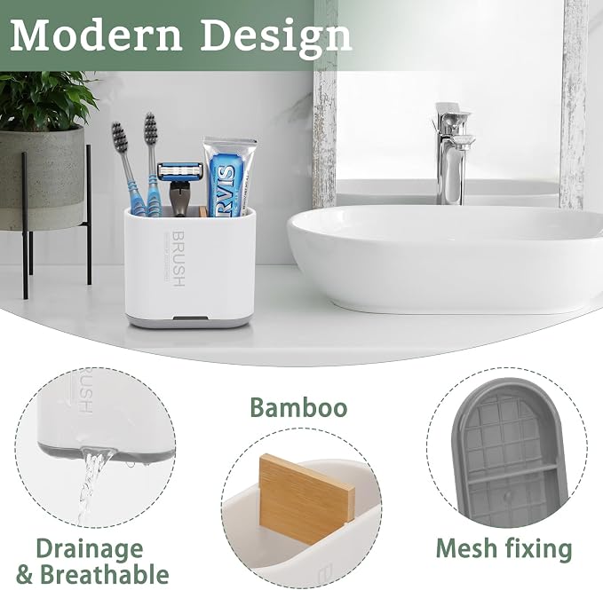 Bamboo Toothbrush Holder for Bathrooms Toothpaste Organizer, Kids Electric - Image 2