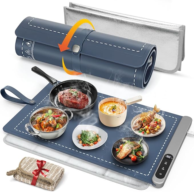 FYY Warming Mat for Food with Heat Resistant Pad, Prevent Countertop Cracks, Keep Meal Warm, Rapid and Full Surface Heating, 6 Temp Settings, 6H Timer, Upgraded Rollable Portable Food Warmer Mat Blue