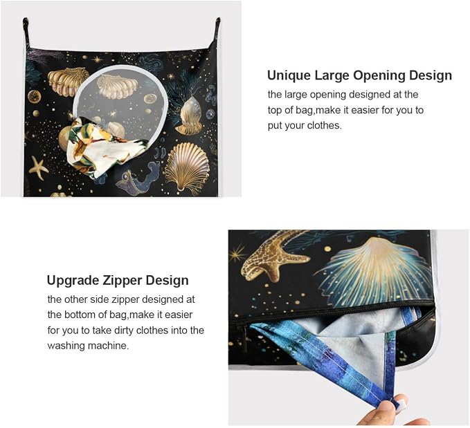 Shell Starfish Black Hanging Laundry Hamper Door Hampers Bag Basket - Image 4