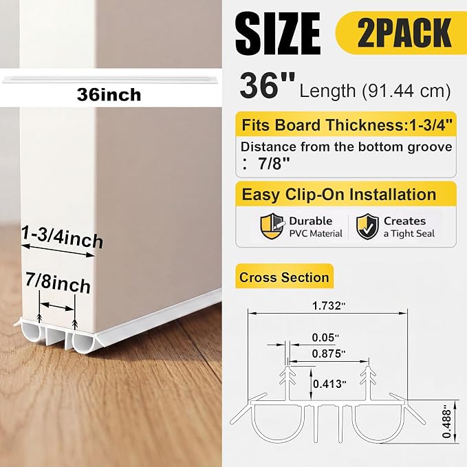 Pushglossy 2 Pcs 36" Kerf Door Sweep Double Bubble Kerf Pre Cut White | 1-3/4" - Image 2
