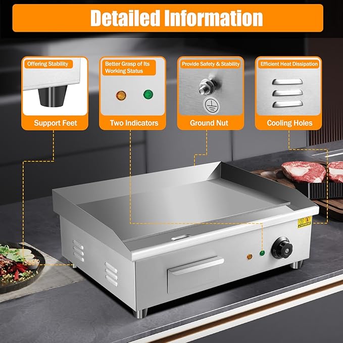 Electric Countertop Griddle, 21x12 Inch Commercial Flat Top Grill with 0.31 Inch Cast Iron Plate, 3000W 110V, Temperature Control for Restaurant, Food Truck, Snack Bar and Home Kitchen
