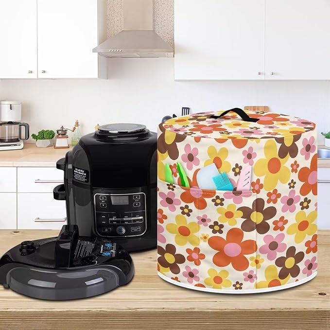 TODIYADDU Red Yellow Hippie Floral Pressure Cooker Cover for 3 Quart Instant Pot Insulated Kitchen Appliance Dust Cover for Round Pressure Cooker Practical Instant Pot Air Fryer Accessories