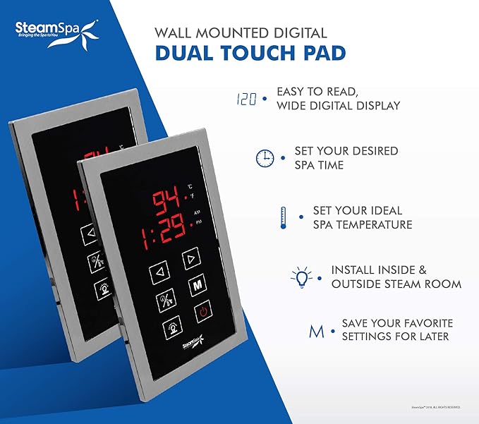 SteamSpa 6kW Quickstart ACU-Steam Bath Generator, Touch Pad Control Panel, Steamhead, Pressure Relief Valve, LED Light, Filter, Built in Auto Drain and Plumber Ready Quick Install Kit EXT600BN-A