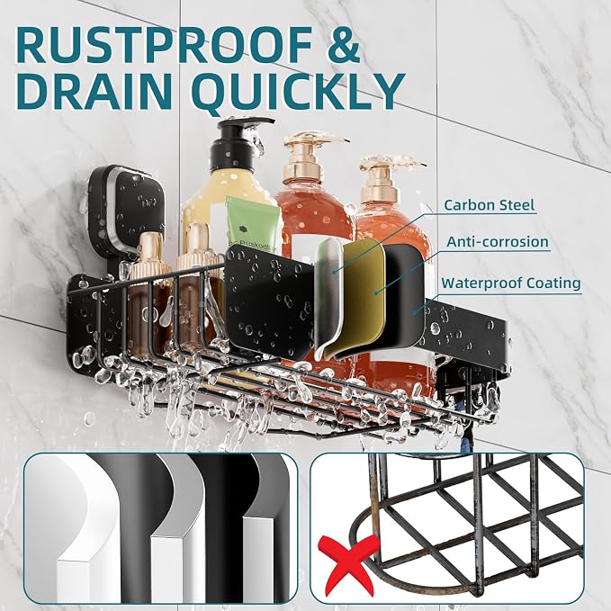 TAILI Shower Caddy Suction Cup Rustproof Metal Shower Shelves Black 2pack - Image 9