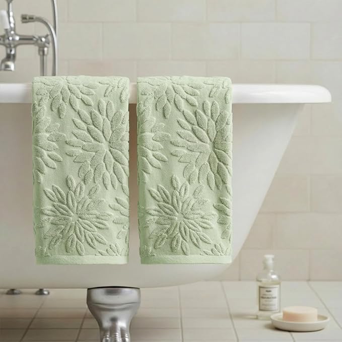 Artoid Mode 2 Pcs Light Green 3D Dahlia Floral Jacquard Hand Towels - Image 4