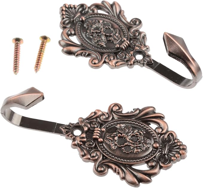 Curtain Tiebacks Small Lightweight Hooks, Vintage Red Copper Rose Pattern | - Image 2