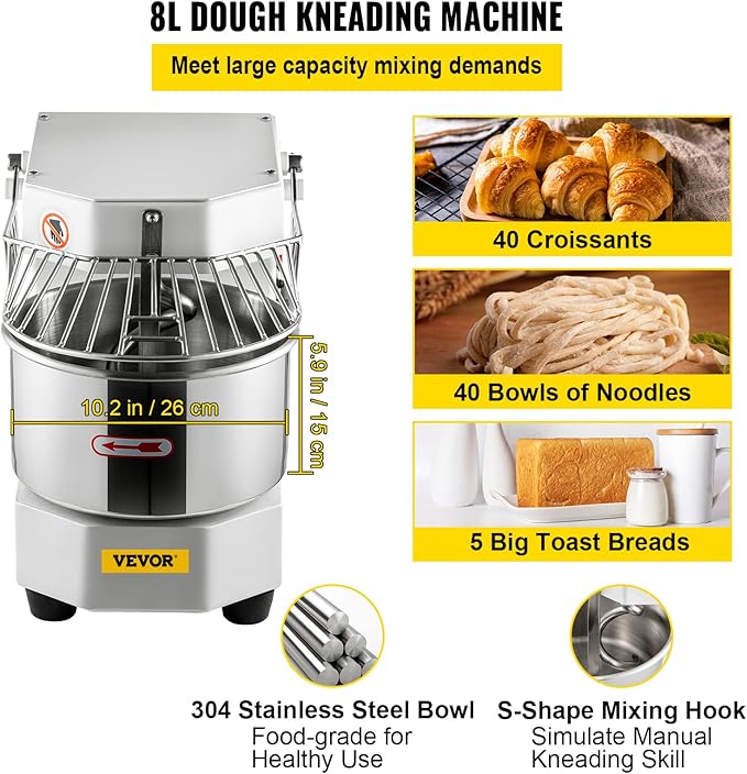 VEVOR Commercial Food Mixer, 8.5Qt Capacity, 450W Dual Rotating Dough Kneading Machine with Food-grade Stainless Steel Bowl, Security Shield & Timer Included, Baking Equipment for Restaurant Pizzeria