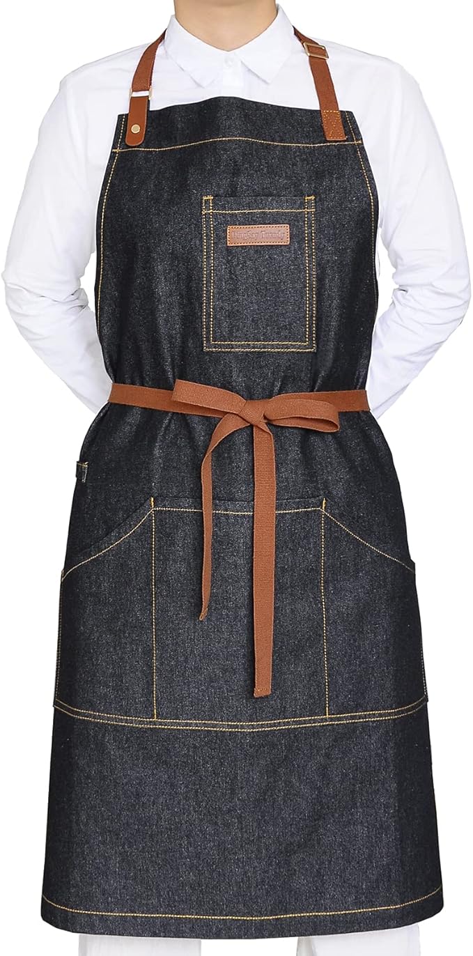 Apron with Pockets, Mens Womens Chef Bib Apron for Kitchen Cooking Grill BBQ Baking Server with Towel Loop