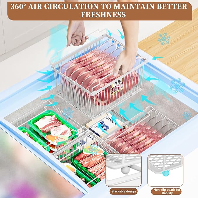 Large Freezer Organizer Bins，Upgraded Bottom Leak-Proof net，Fit 5 to 9 Cu Ft Chest Freezer，4 Pack， Expandable Stackable Chest Freezer Containers with Handle (White-4P)