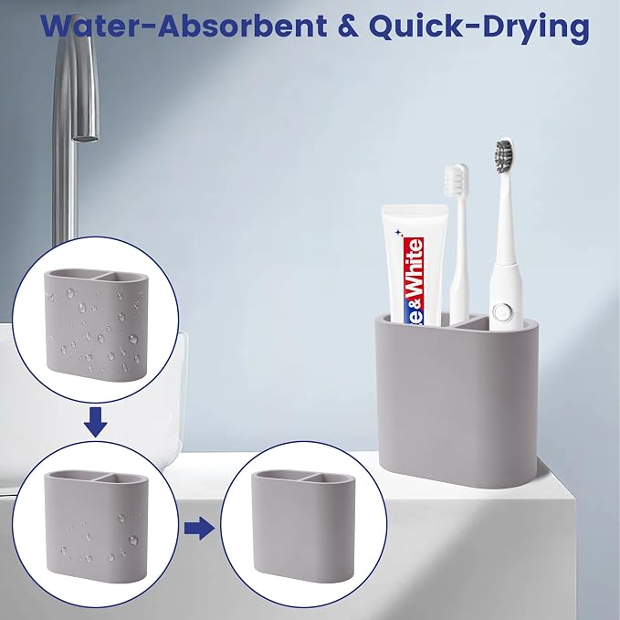 Diatomite Toothbrush Holder for Bathroom Counter, 2-Slot Toothpaste Organizer - Image 3
