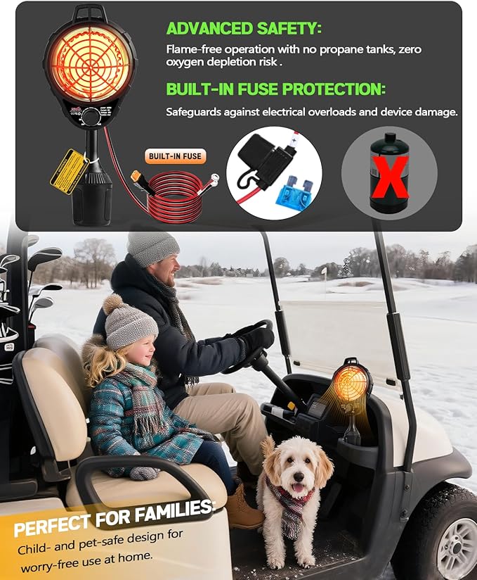Xislet Upgrade Golf Cart Electric Heater with Infinite Temperature Adjustment, 2-Second Quick Heat 400W Quiet & Safe Carbon Fiber Heating, Battery Powered Heater Stable Fit Club Car/Yamaha/EZGO