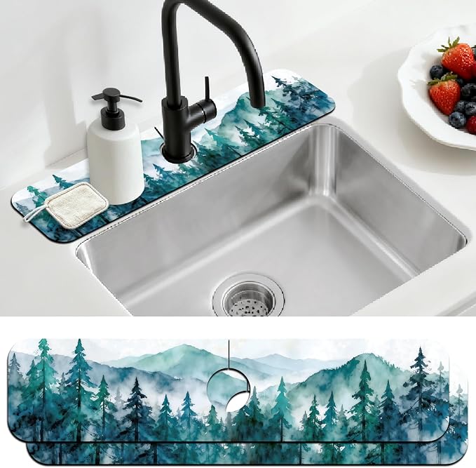 2 Pcs Kitchen Sink Splash Guard Faucet Mat Watercolor Forest Pattern Faucet Mat by CONCHLERY%E6%97%97%E8%88%B0%E5%BA%97