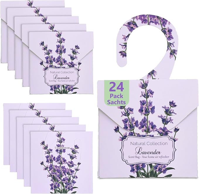 24 Pack Lavender Sachets for Drawers and Closets, Natural Closet Freshener by Umpeimvon