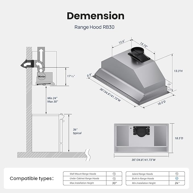 Range Hood Insert 30 Inch,Built-in Kitchen Hood with 980 CFM, Ducted/Ductless Convertible Duct,Stainless Steel Kitchen Vent Hood/Gesture/Touch Control, 2 Pcs Baffle Filters with Handlebar