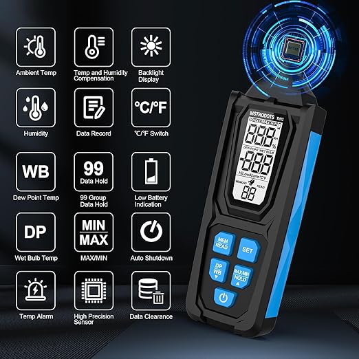 Temperature Humidity Meter, High Precision Digital Psychrometer Hygrometer with Dew Point, Wet Bulb Thermometer for Indoor Outdoor, 99 Data Storage, Temp Alarm, Backlight, MAX/MIN, Auto Shutdown