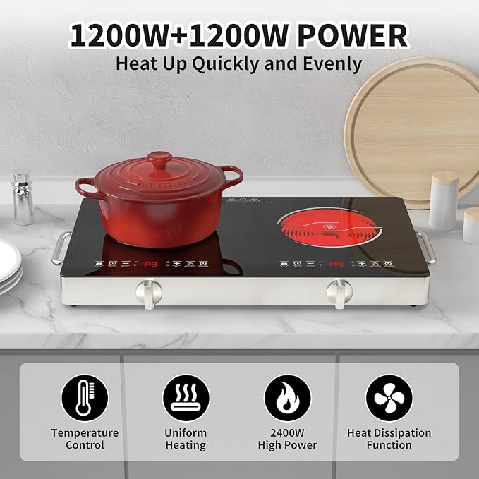 Electric Cooktop,110V 2400W Stove top, Countertop Cooktop with 9 Power Levels, LED Display,Child Safety Lock, Timer,Knob and Touch Control 2 burner Electric cooktop