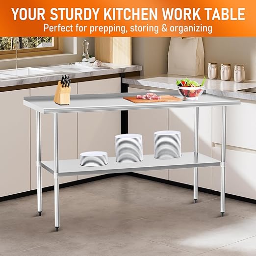 HOCCOT Stainless Steel Table 30" x 60" with Adjustable Undershelf and Backsplash, Commercial Metal Workstations for Kitchen, Garage, Outdoor BBQ
