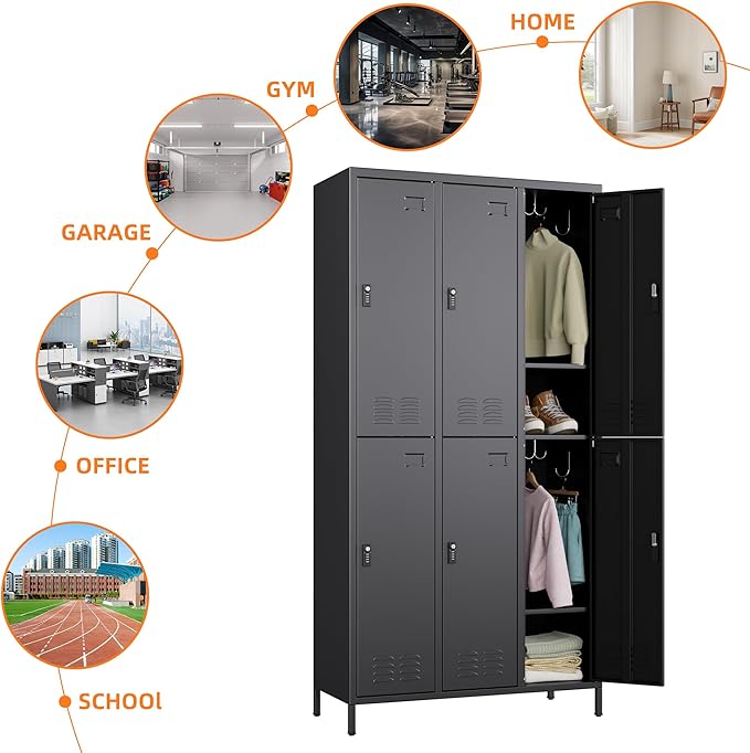 METAN Metal Locker for School Office Gym Bedroom,with Password Lock,6 Doors Steel Storage Lockers Cabinet for Employees,Industrial Storage with 1 Shelf,Assembly Required,Black