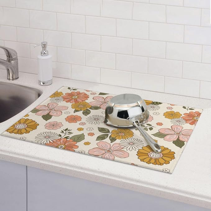 Pink Flowers Dish Drying Mat For Kitchen Counter, Super Absorbent Microfiber - Image 7