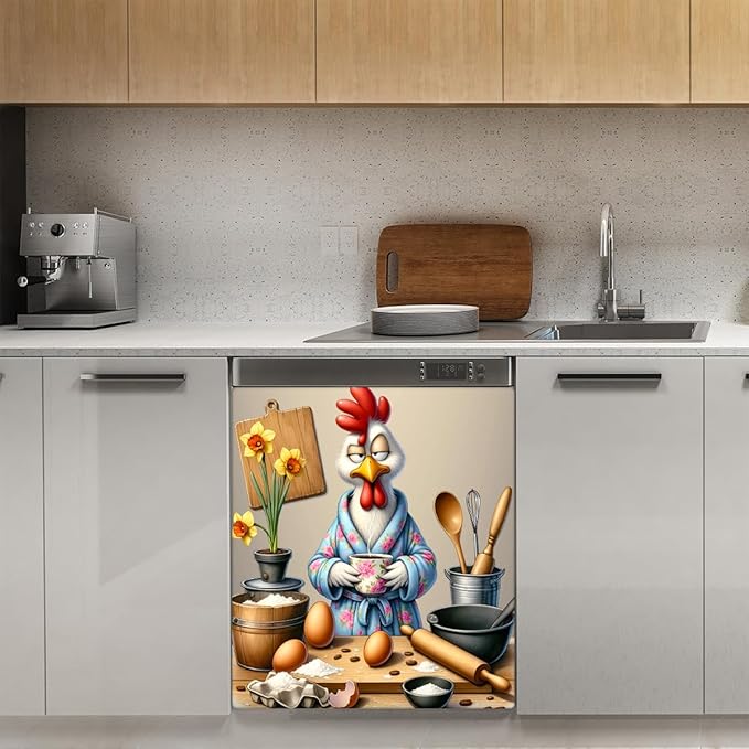 Dishwasher Magnet Cover Funny Rooster Flower Front Dishwasher Cover Decoration Reusable Magnetic Door Cover Panel Decal Home Appliances Stickers Kitchen Refrigerator Fridge 23"x26"