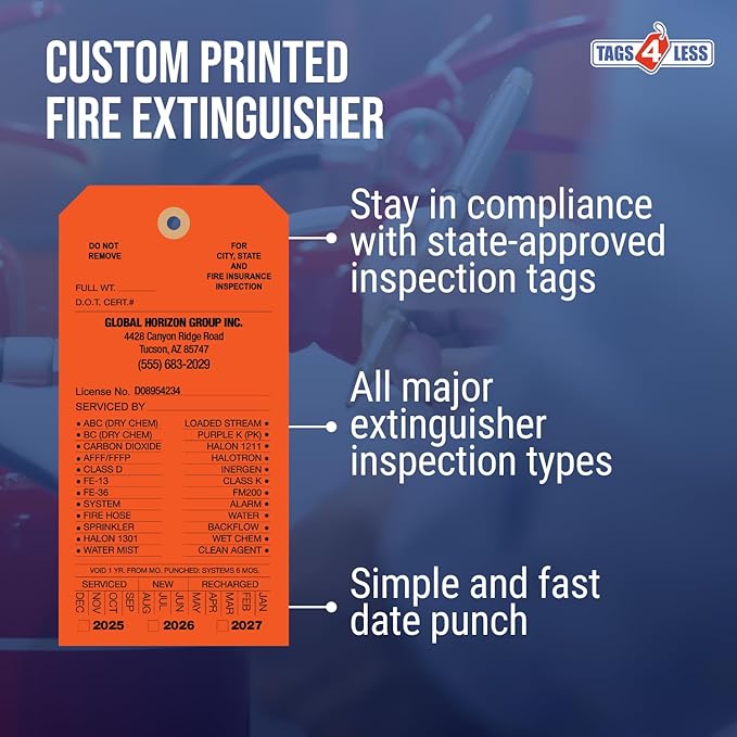 Tags 4 Less Custom Fire Extinguisher Tags – Preventative Maintenance Labels for Monthly Inspections, Alternative to Safety Sticker for Easy Record-Keeping – Pack of 100 (Orange, Cardboard)