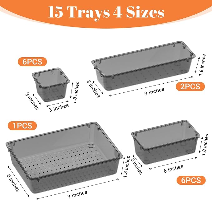 SpaceHacks 15 PCS Plastic Drawer Organizer Set, Drawer Storage Trays | 4-Size - Image 3