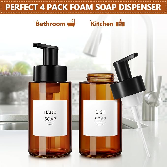 RYTOXILO Amber Foam Soap Dispenser, 10 oz/300ml Glass Foaming Soap Dispenser - Image 2