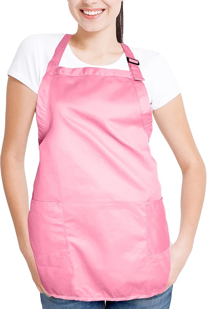DALIX Apron Commercial Restaurant Home Bib Spun Poly Cotton Kitchen Aprons (2 Pockets) in Pink