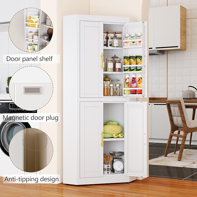 63" Tall Metal Corner Kitchen Pantry Cabinet, Steel Storage Cabinets with 4 Doors and 3 Shelves, Kitchen Food Cabinets with 6 Door Panel Shelves, Farmhouse Cupboard for Kitchen Dining, White