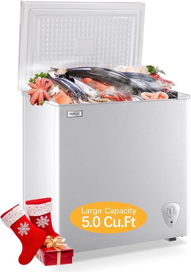Chest Freezer Compact Deep Freezer WANAI 5.0 Cu.Ft for Garage Adjustable Temperature 7 Thermostat and Energy Saving Removable Basket for Garage Basement Dorm Apartment Kitchen Business
