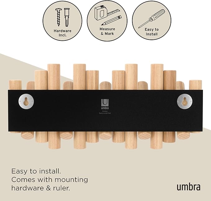 Umbra Picket Coat Rack, Wall Mount 5 Flip-Down Coat Hooks, Natural | Beveled - Image 6